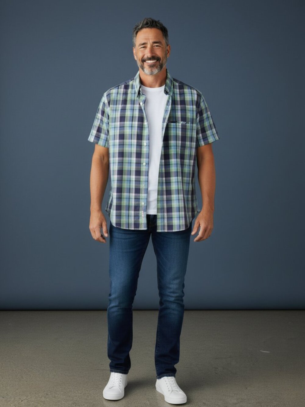 Tommy Hilfiger Blue and Green Plaid Short-Sleeve Button-Down Shirt